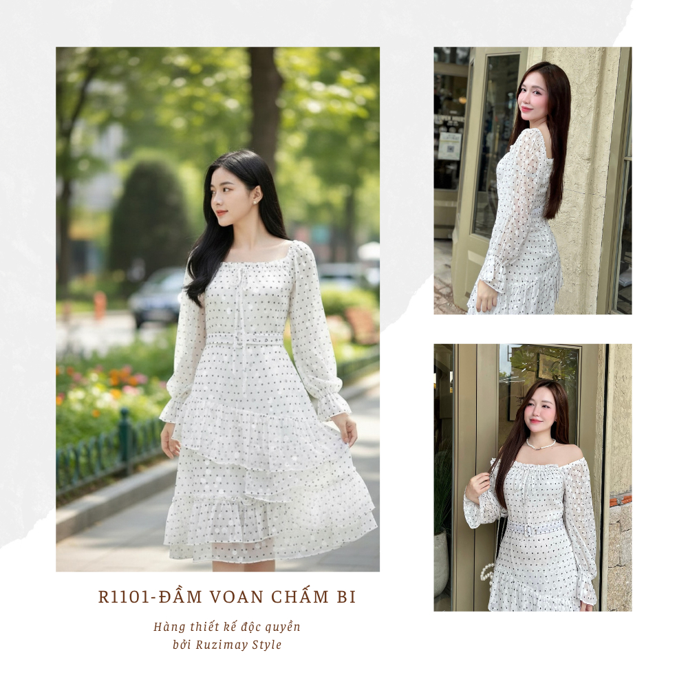 Đầm maxi chấm bi voan đai eo R1100