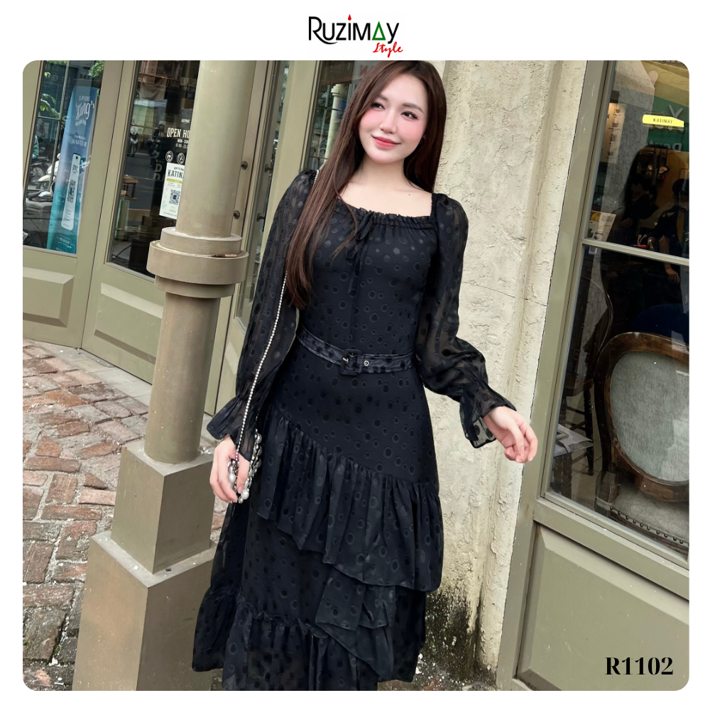 Đầm maxi chấm bi voan đai eo R1100