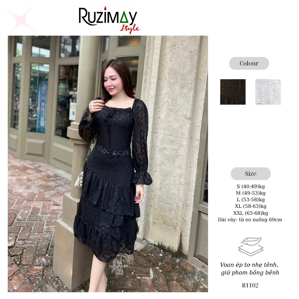 Đầm maxi chấm bi voan đai eo R1100