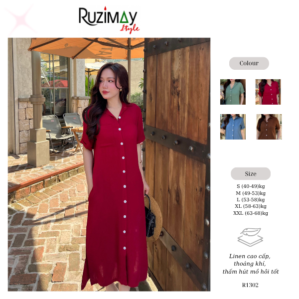 Đầm Linen Ruzimay Style Dáng Sơ Mi Dài R1300