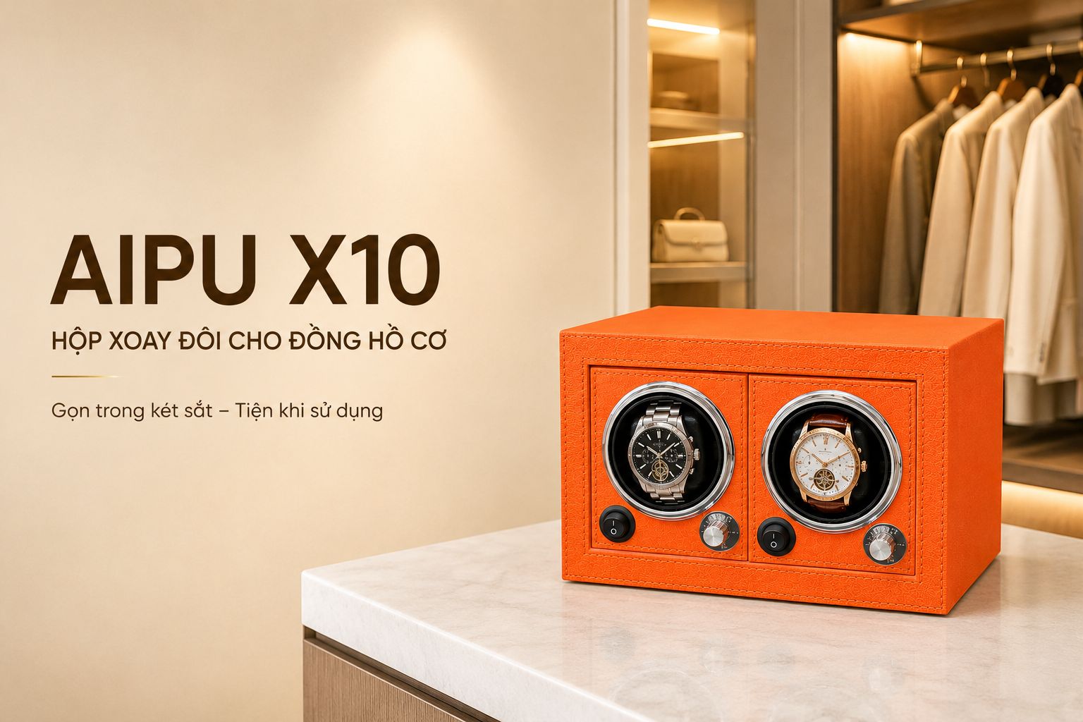 Hộp xoay đồng hồ đôi AIPU X10 bọc da màu cam