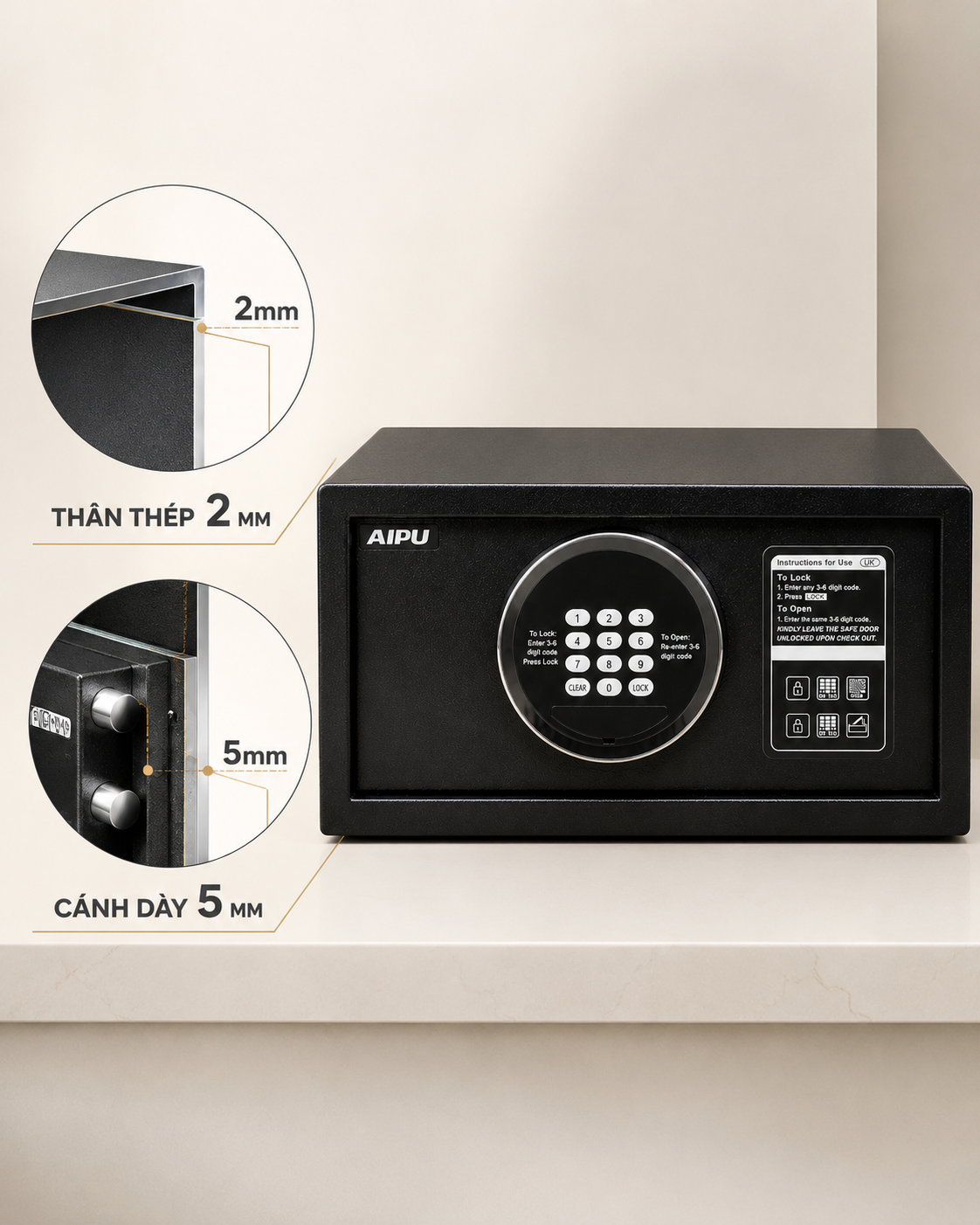 Kết cấu thân thép 2 mm và cánh cửa 5 mm của két AIPU HS20