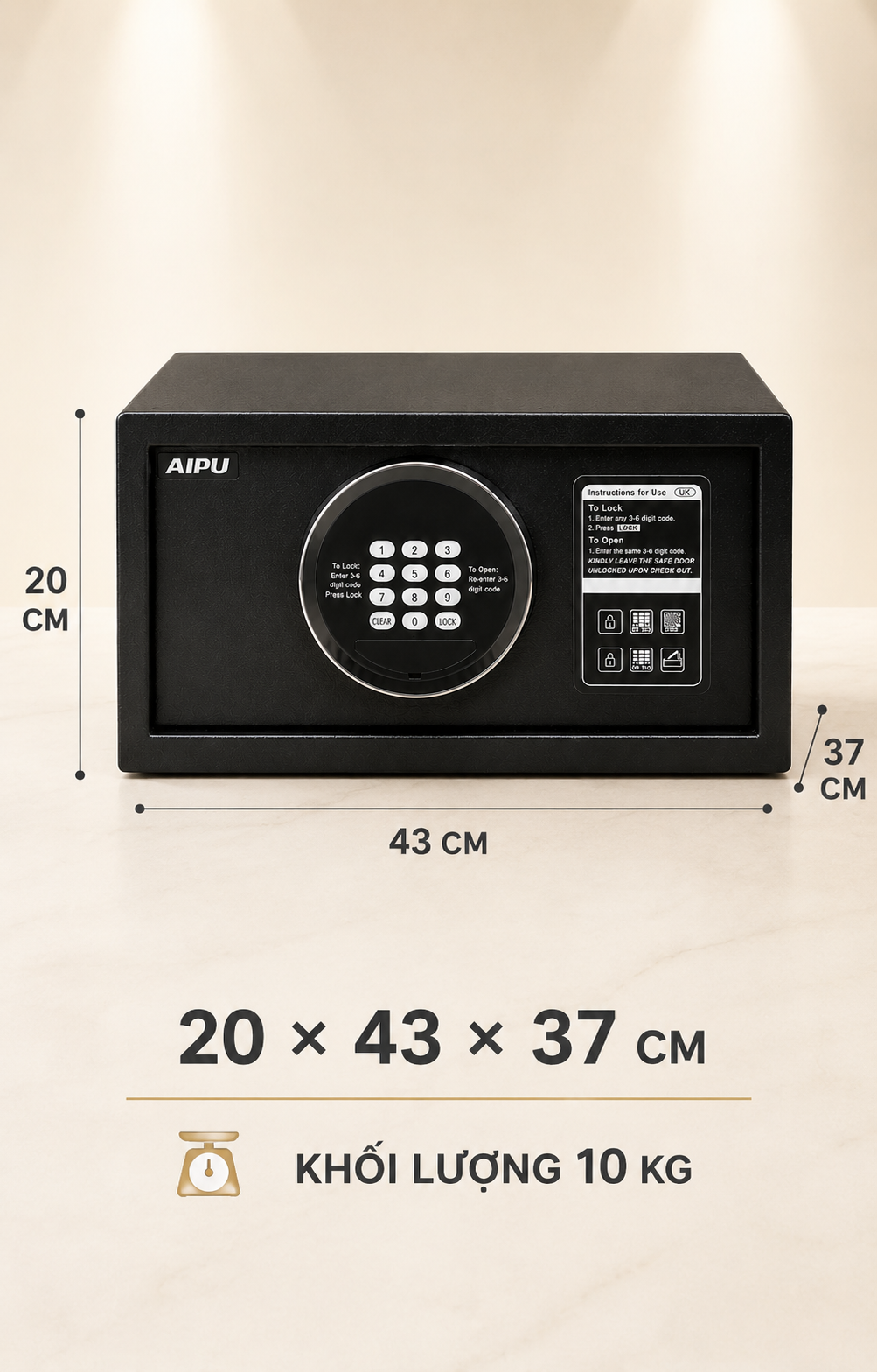 Kích thước két sắt mini AIPU HS20 cao 20 rộng 43 sâu 37 cm