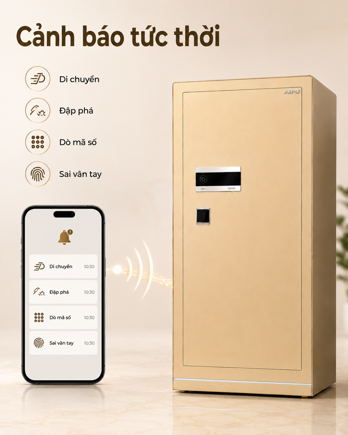 AIPU LZII-150G cảnh báo di chuyển, đập phá, dò mã và sai vân tay qua điện thoại