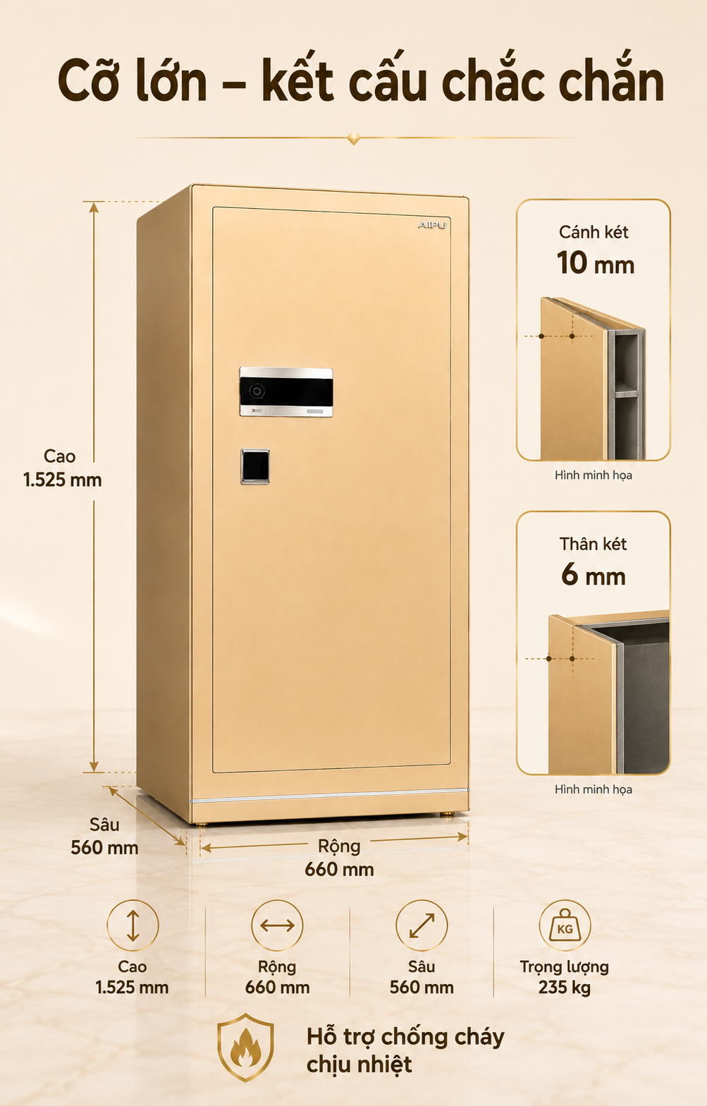 Kích thước và cấu tạo két sắt AIPU LZII-150G cao 1525 mm nặng 235 kg