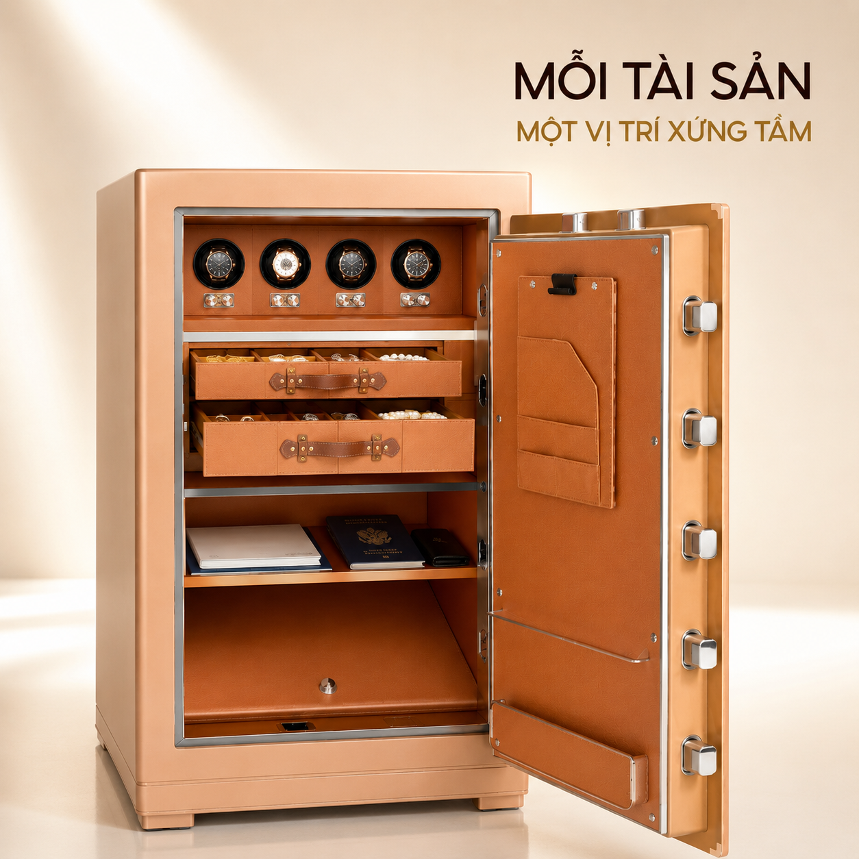 Nội thất két sắt AIPU XR-105GW gồm khay đồng hồ trang sức và ngăn tài liệu