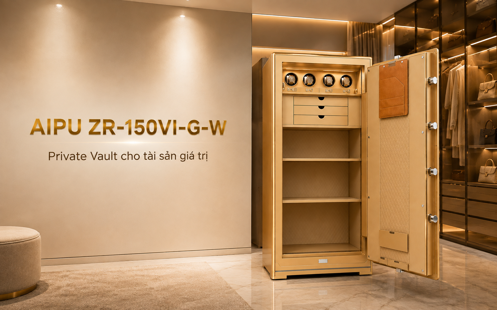 Két sắt AIPU ZR-150VI-G-W 4 khoang đồng hồ màu vàng champagne