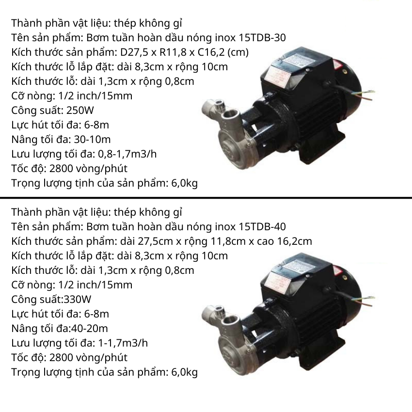 Bơm tuần hoàn nhiệt dầu inox công suất thấp 15TDB-30 - Bền bỉ và chịu nhiệt độ cao 260°C.