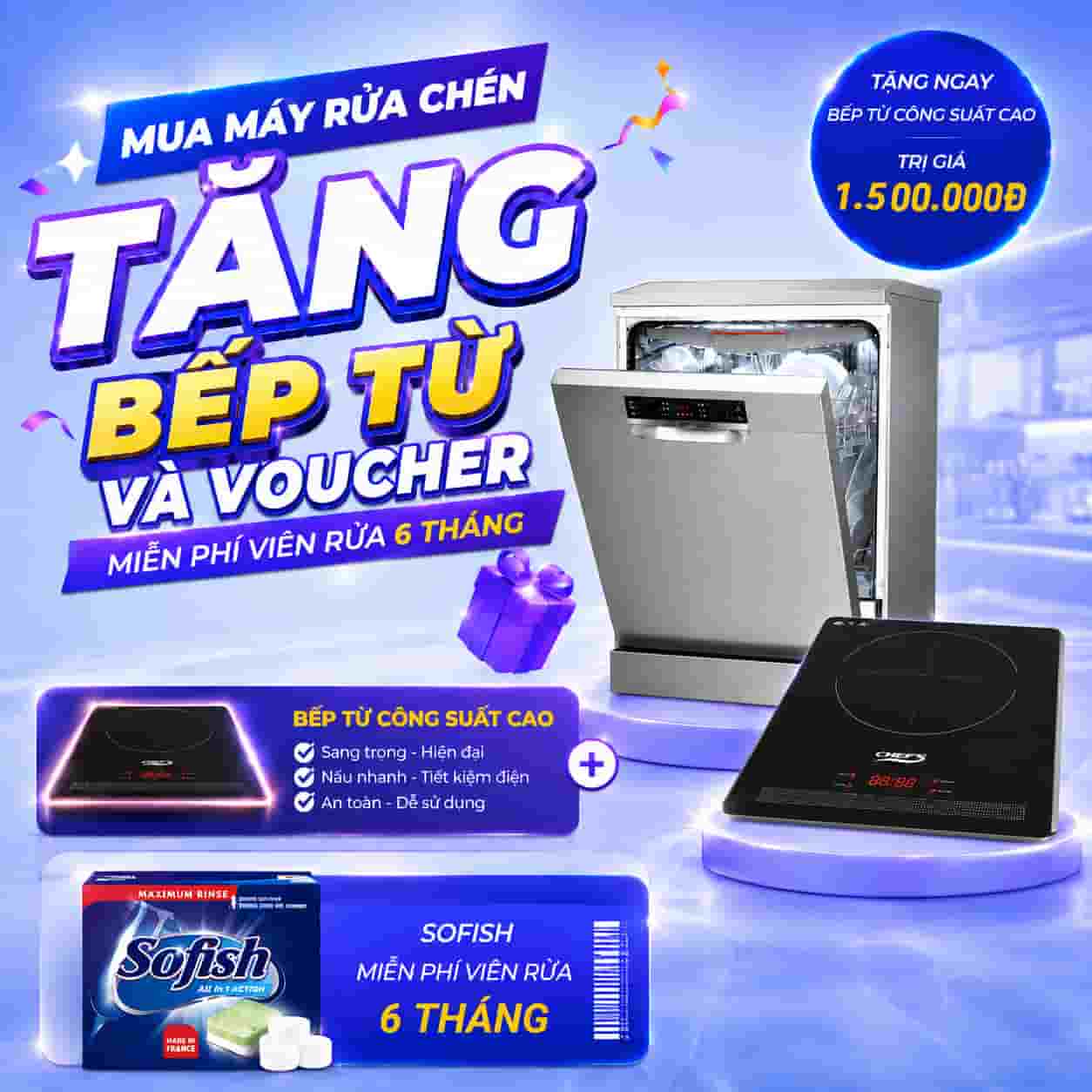 Khuyến mãi mua máy rửa chén bát tặng bếp từ và voucher miễn phí viên rửa 6 tháng