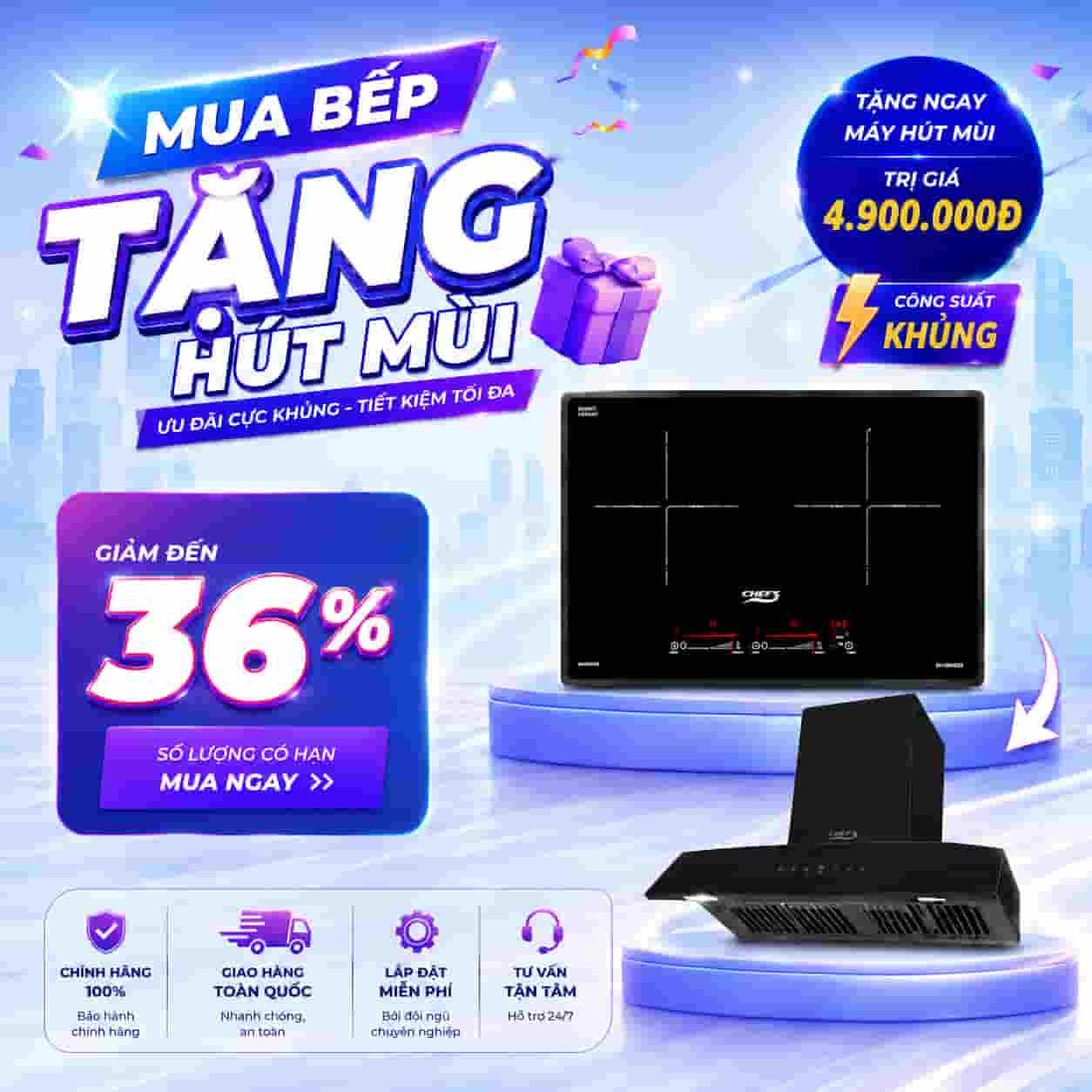 Khuyến mãi mua bếp từ 2 vùng nấu tặng máy hút mùi công suất cao