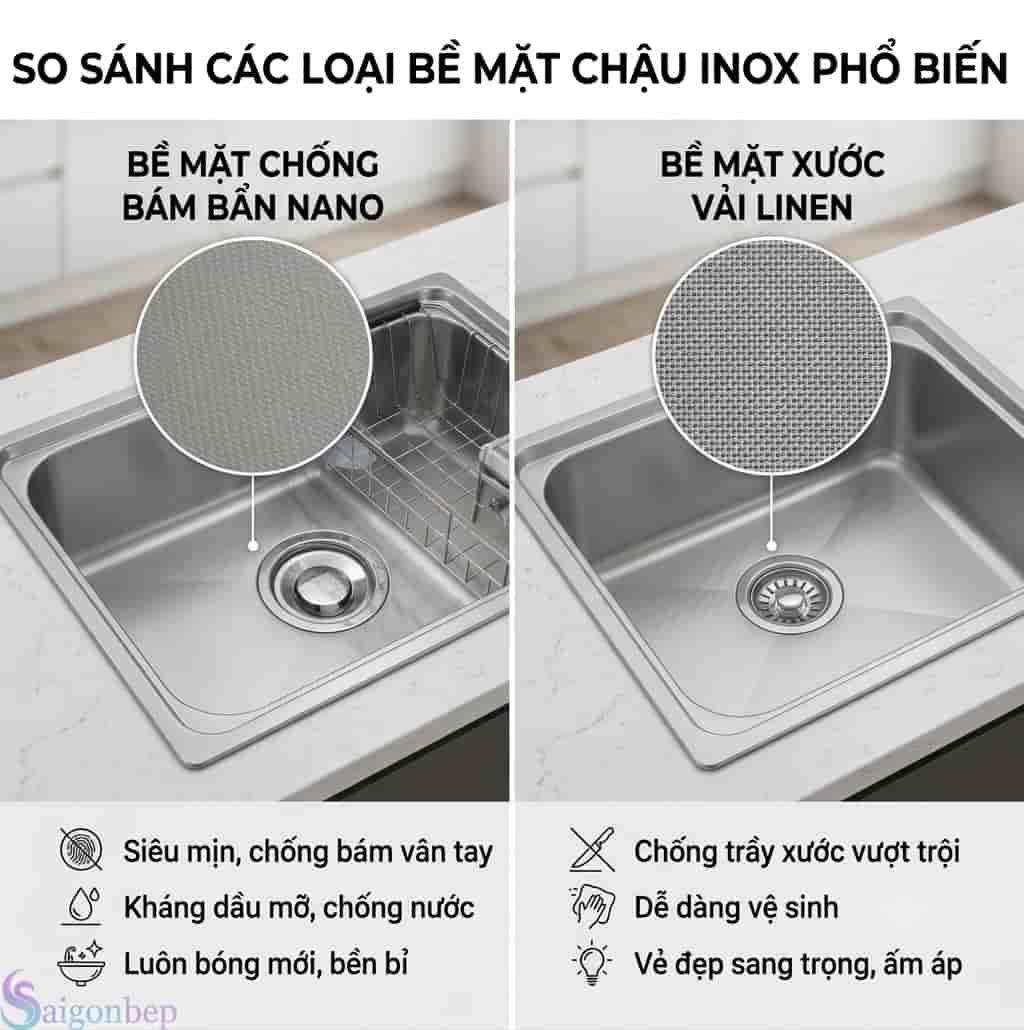 Các Loại Bề Mặt Chậu Rửa Chén Inox Phổ Biến Tại Việt Nam. So Sánh Chi Tiết