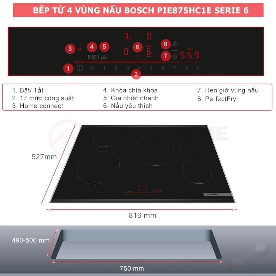 Bếp từ 4 vùng nấu Bosch PIE875HC1E Serie 6