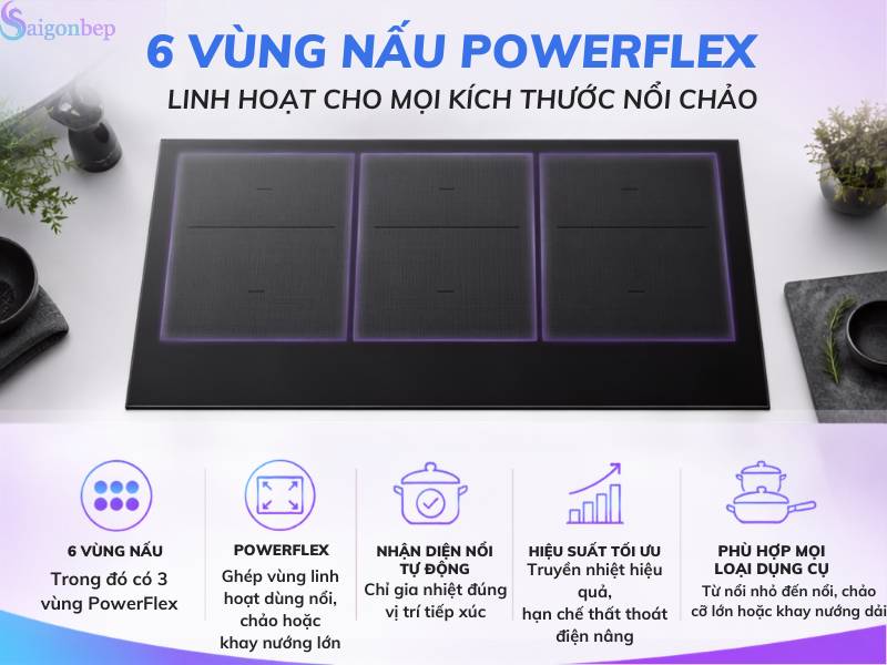 . 6 vùng nấu PowerFlex của Bếp từ đa điểm 6 vùng nấu Miele KM 7575 FL