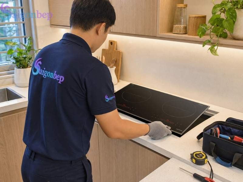 Nhân viên kỹ thuật Sài Gòn Bếp đang lắp đặt
