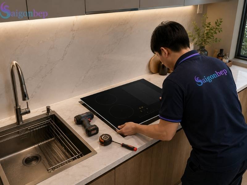 Kỹ thuật viên tại Sài Gòn Bếp lắp đặt tận nhà cho khách hàng