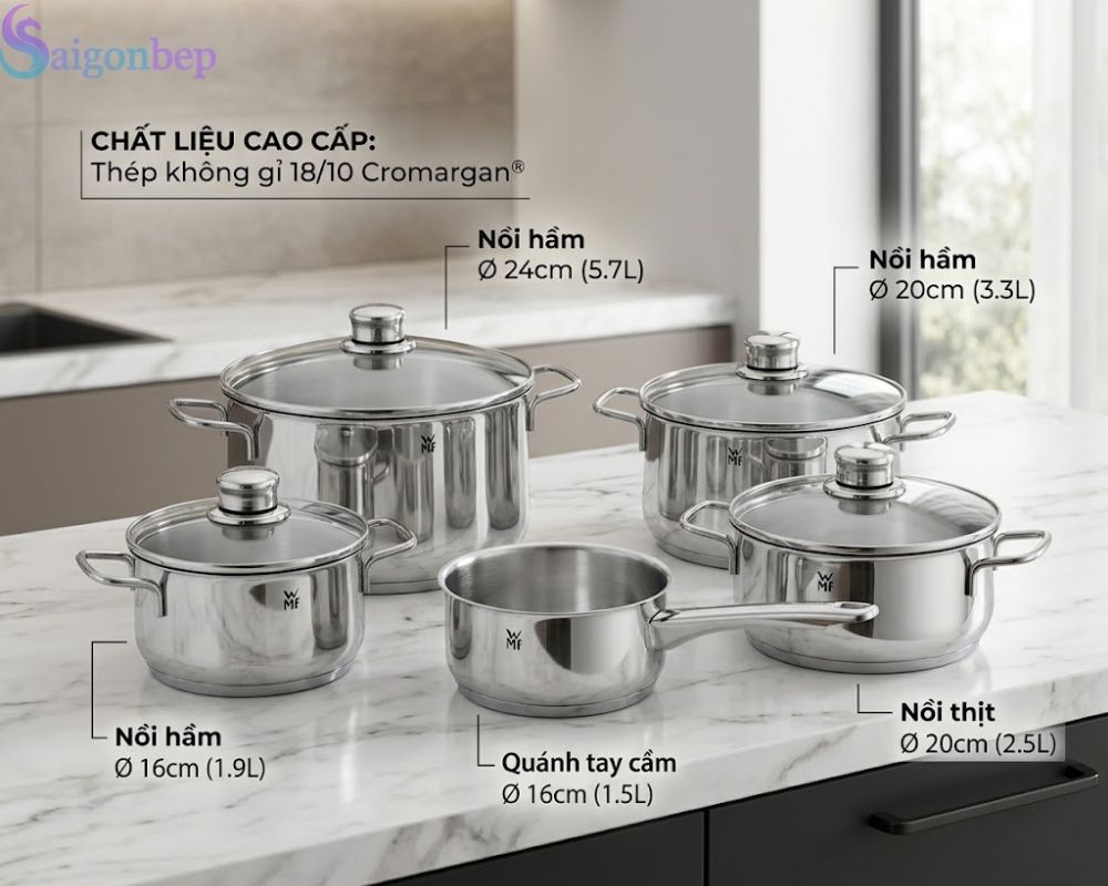 Bộ nồi 5 món đa dạng kích thước phù hợp chế biến nhiều món ăn