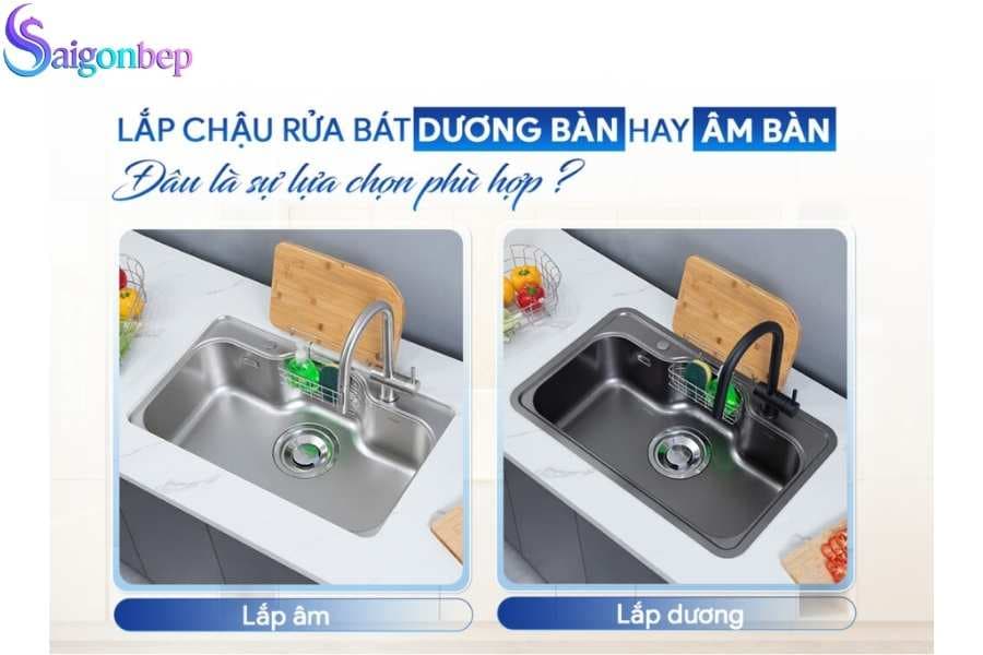 Bồn chậu rửa bát nên lắp âm bàn đá hay lắp dương