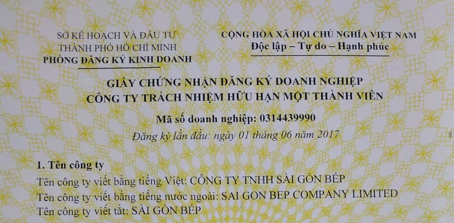 Giấy chứng nhận kinh doanh của Sài Gòn Bếp