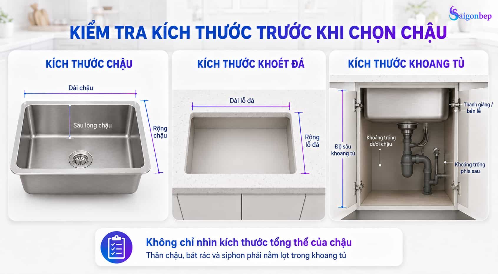 lưu ý khi kích thước chậu, lỗ đá, khoang tủ