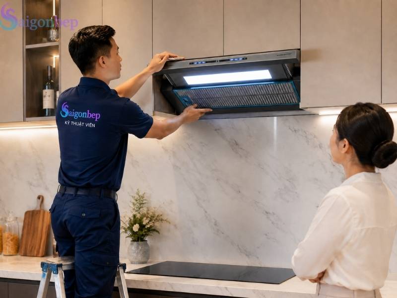 Kỹ thuật viên Sài Gòn Bếp lắp đặt cho khách hàng
