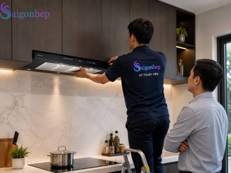 Kỹ thuật viên Sài Gòn Bếp đang lắp đặt cho khách hàng