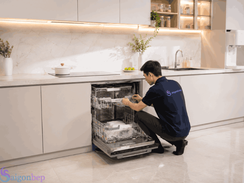 Thợ kỹ thuật Sài Gòn Bếp lắp đặt cho khách hàng Máy rửa bát âm tủ Miele G 7650 SCVi AutoDos