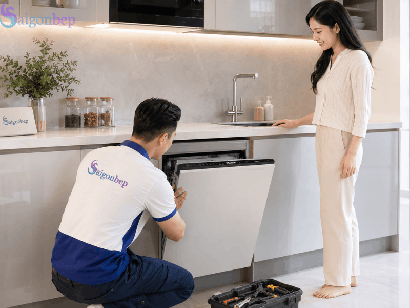 Thợ kỹ thuật Sài Gòn Bếp lắp đặt và hướng dẫn sử dụng cho khách hàng Máy rửa bát Miele G 7790 SCVi AutoDos K2O