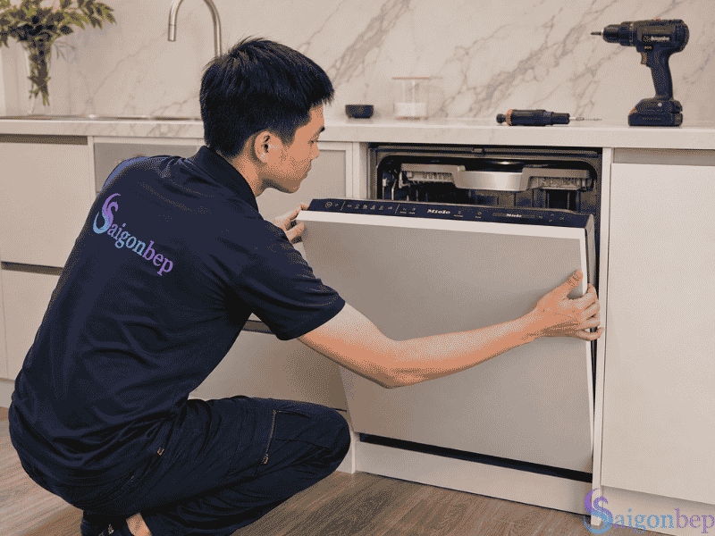hợ kỹ thuật Sài Gòn Bếp lắp đặt và hướng dẫn sử dụng cho Máy Rửa Bát Âm Tủ Miele G 7797 SCVi XXL AutoDos 125 Gala Ed khách hàng máy