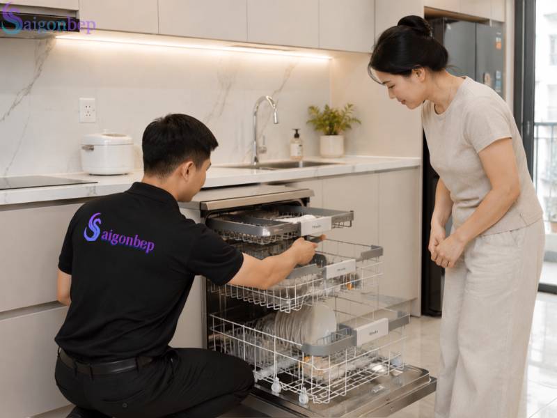 Nhân viên kỹ thuật Sài Gòn Bếp lắp đặt và hướng dẫn cho khách
