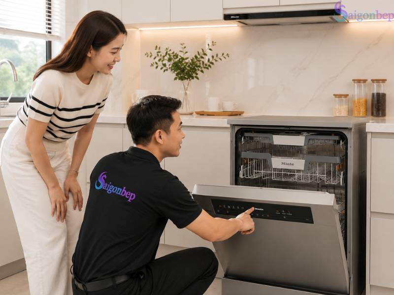 Nhân viên kỹ thuật Sài Gòn Bếp lắp đặt và hướng dẫn cho khách
