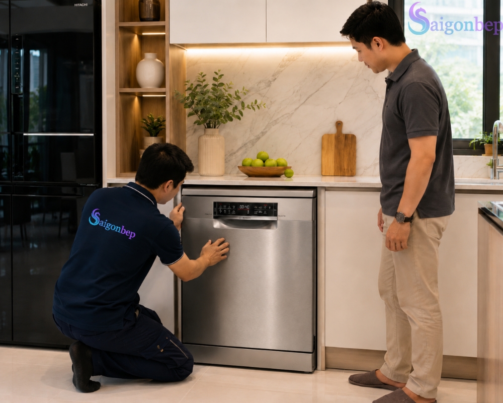 Thợ kỹ thuật Sài Gòn Bếp lắp đặt cho khách hàng