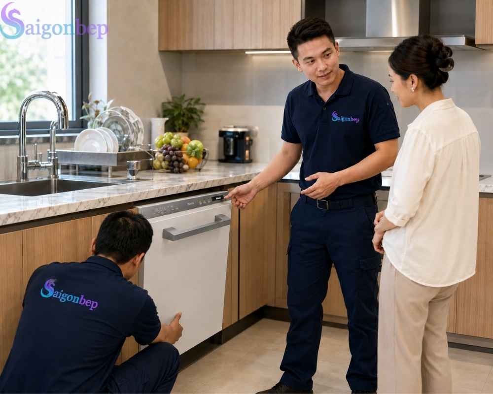 Thợ kỹ thuật Sài Gòn Bếp lắp đặt và hướng dẫn sử dụng cho khách hàng