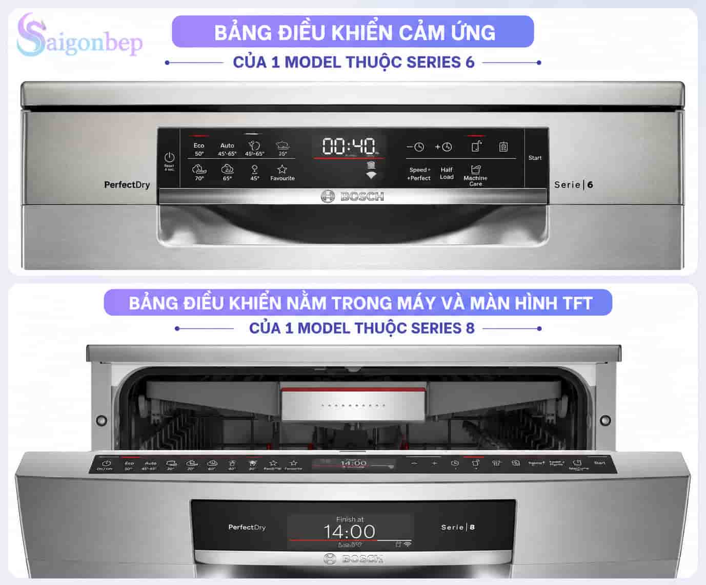 so sánh bảng điều khiển máy rửa bát Bosch serie 6 và Bosch serie 8