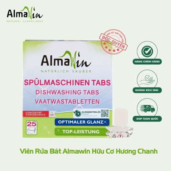 Viên rửa bát Almawin hữu cơ hương chanh 25 Viên