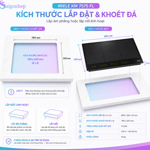 Bếp từ đa điểm 6 vùng nấu Miele KM 7575 FL