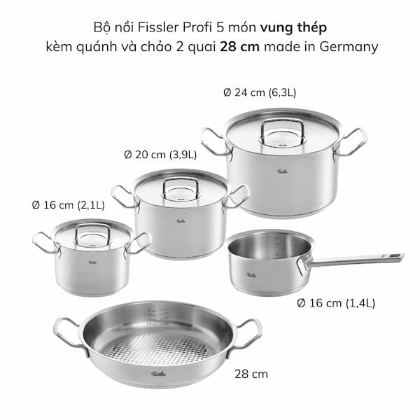 Bộ nồi Fissler Profi 5 món vung thép kèm quánh và chảo 2 quai