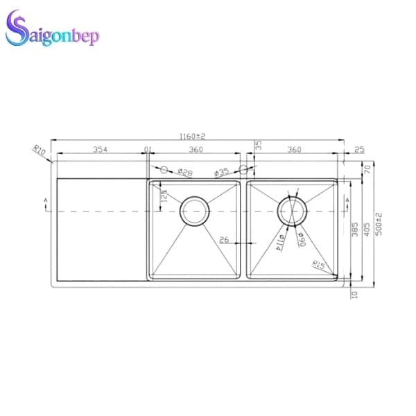 Chậu rửa bát 2 hố Konox KN11650TD – Bàn trái