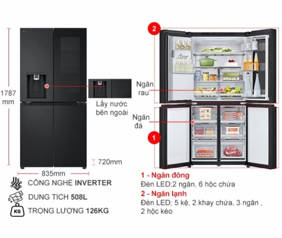 Tủ lạnh LG Inverter 508 lít Multi Door InstaView LFI50BLMAI