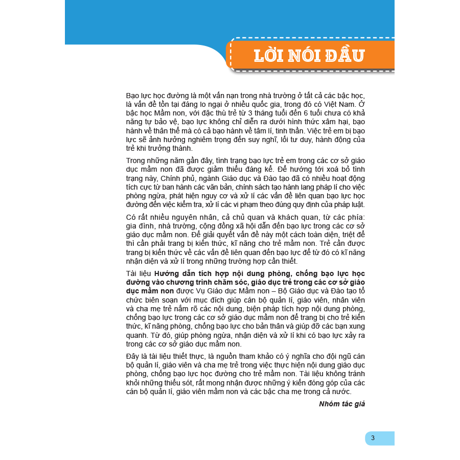 Hướng dẫn tích hợp nội dung phòng, chống bạo lực học đường vào chương trình chăm sóc, giáo dục trẻ trong các cơ sở giáo dục mầm non (Dành cho cán bộ quản lí và giáo viên mầm non)