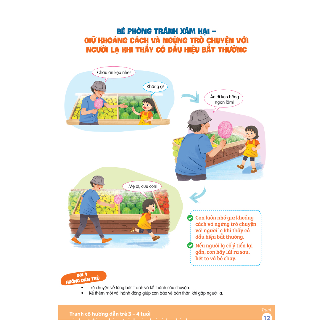Tranh cô hướng dẫn trẻ 3 - 4 tuổi các hoạt động phòng tránh xâm hại và bạo hành