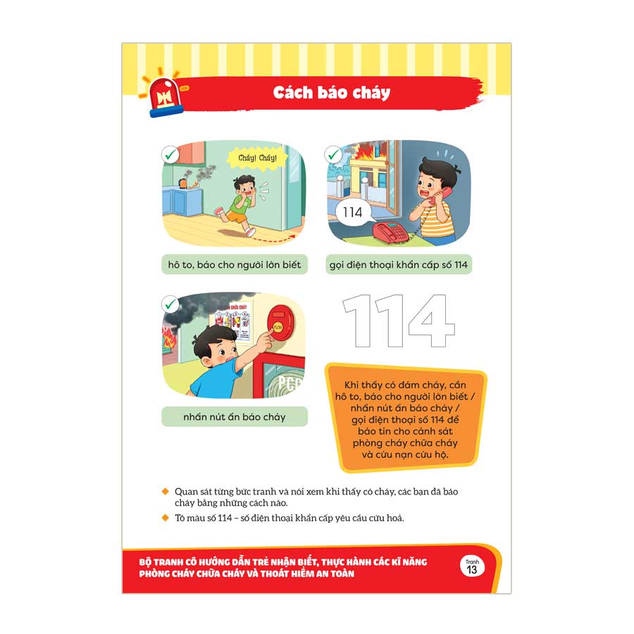 Bộ tranh cô hướng dẫn trẻ nhận biết, thực hành các kĩ năng phòng cháy chữa cháy và thoát hiểm an toàn