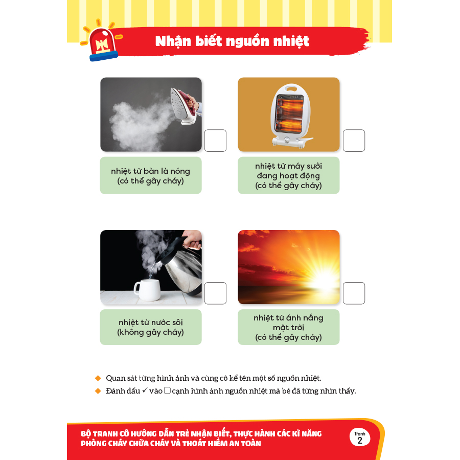 Bộ tranh cô hướng dẫn trẻ nhận biết, thực hành các kĩ năng phòng cháy chữa cháy và thoát hiểm an toàn