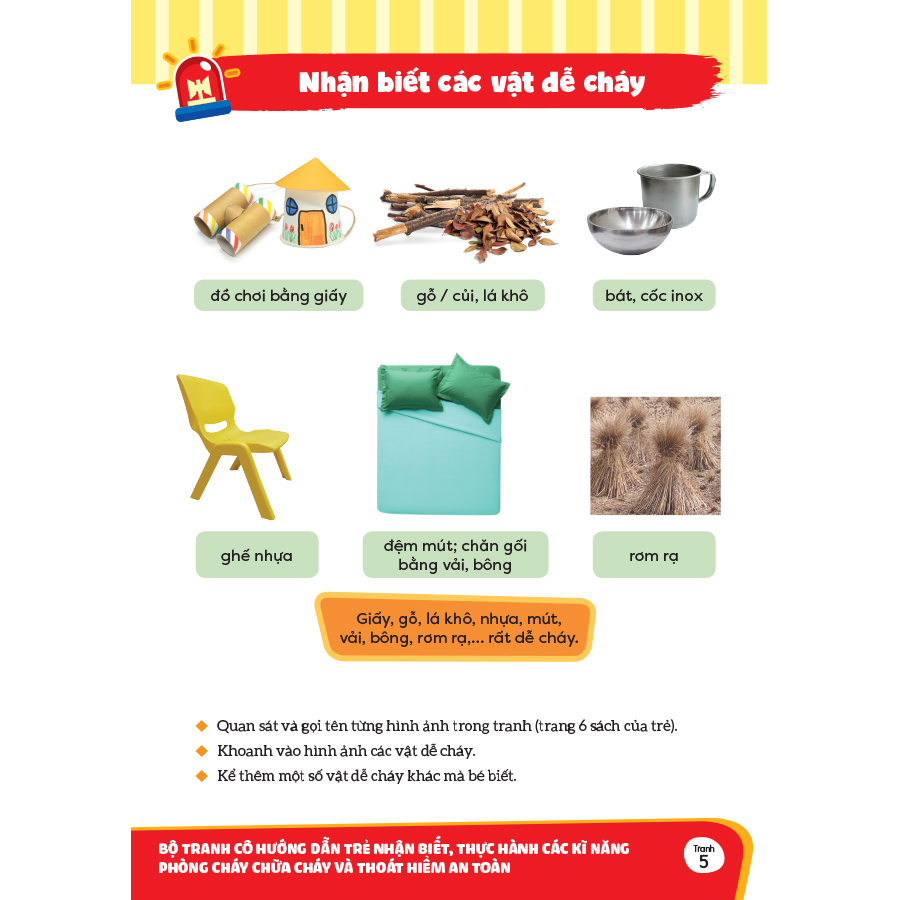 Bộ tranh cô hướng dẫn trẻ nhận biết, thực hành các kĩ năng phòng cháy chữa cháy và thoát hiểm an toàn