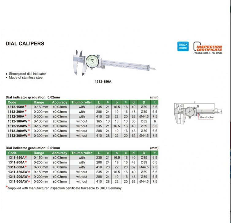 Thước cặp đồng hồ INSIZE 1312-150A