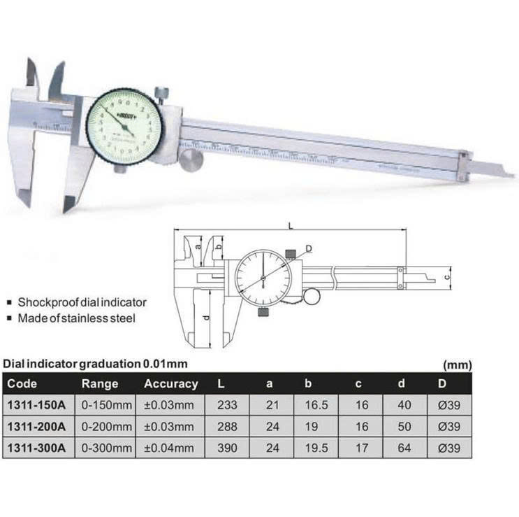 Thước cặp đồng hồ INSIZE 1311-200A (0-200mm / 0.01mm)