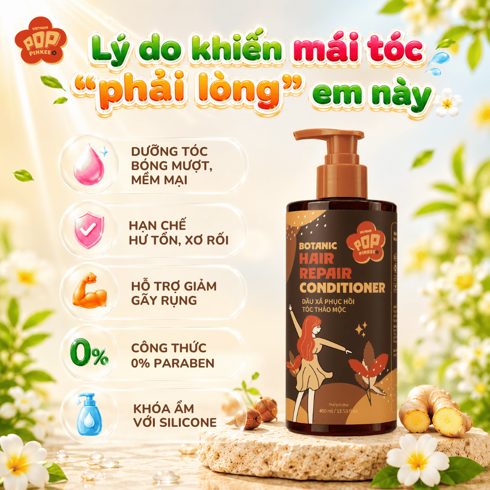 Dầu Xả Dưỡng Tóc Thảo Mộc Pop Pinkee – Khóa Ẩm Chuyên Sâu, Tóc Siêu Suôn Mượt - 400ml