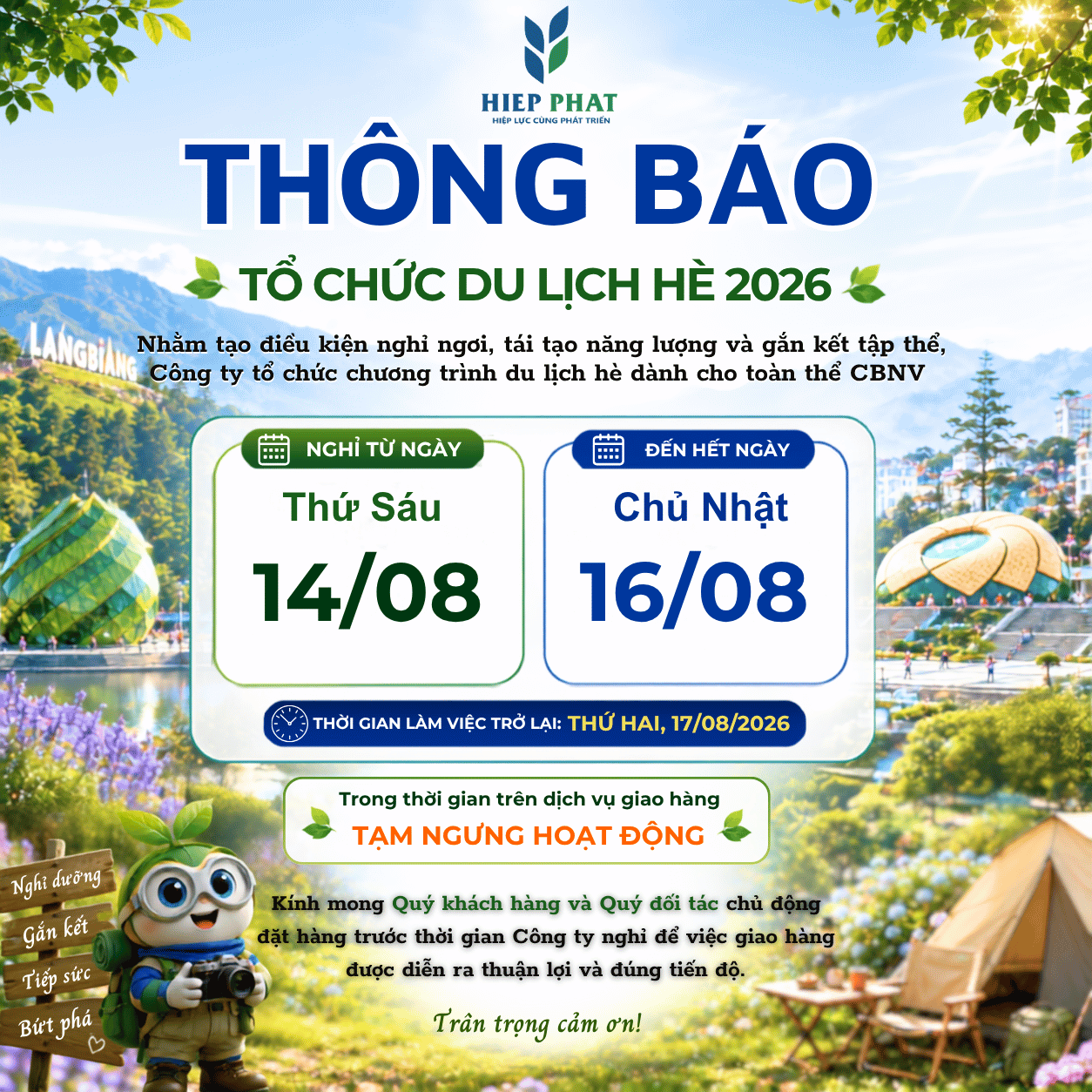 THÔNG BÁO KẾ HOẠCH TỔ CHỨC DU LỊCH HÈ NĂM 2026