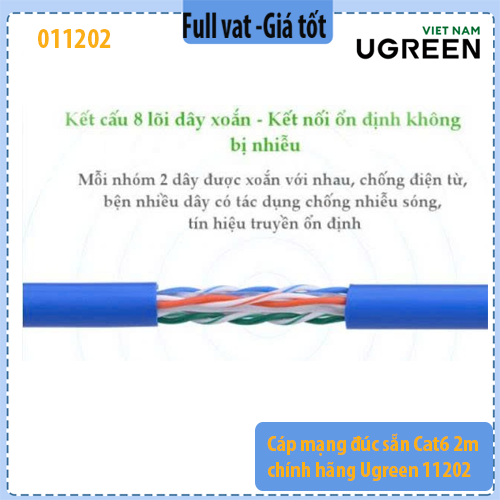 Cáp mạng LAN CAT6 UGREEN 11202 dài 2m – Dây mạng RJ45 đúc sẵn – Hỗ trợ 10/100/1000Mbps (Gigabit) – UTP 26AWG – Vỏ PVC – Màu xanh