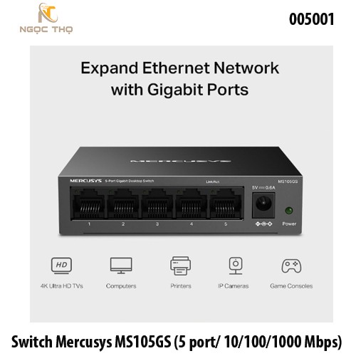 Chia mạng Mercusys MS105GS (5 poSwitch Chia Mạng Mercusys MS105GS – 5 Cổng Gigabit 10/100/1000 Mbps – Vỏ Kim Loại