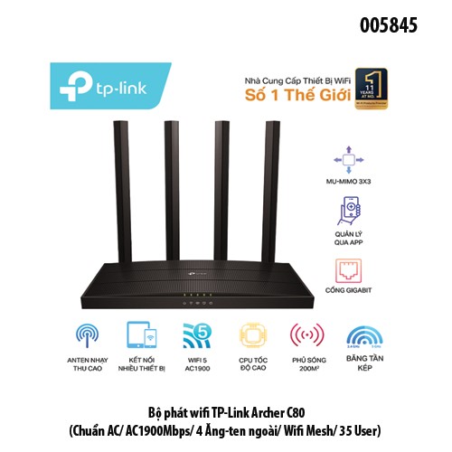 Bộ Phát Wi-Fi TP-Link Archer C80 – Router Chuẩn AC1900Mbps – 4 Ăng-ten Ngoài – Hỗ Trợ Mesh – 35 User – Chính Hãng